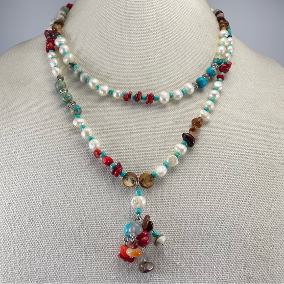 Sterling Silver Handmade Crafted Pearls Coral Gemstone Beaded Layered Necklace